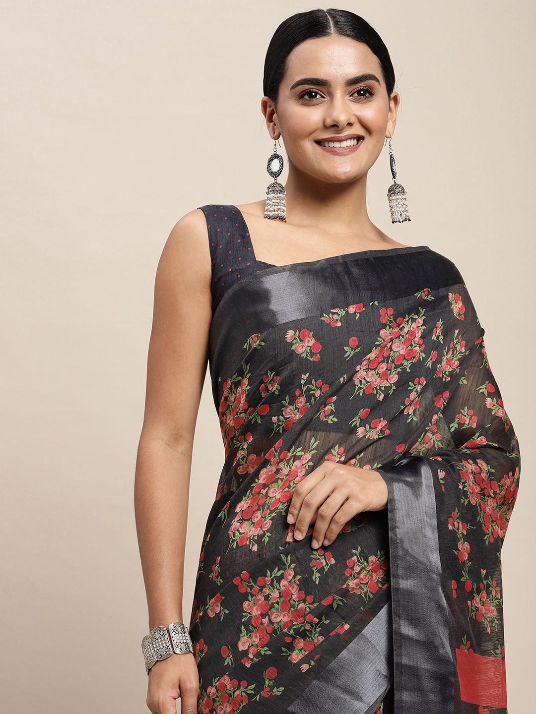 Saree mall Grey & Pink Floral Print Silk Cotton Saree