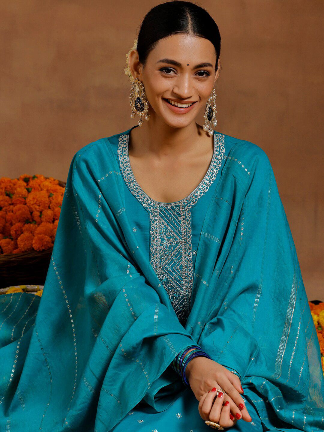 Gerua By Libas Floral Embroidered Sequinned Kurta With Trousers & Dupatta