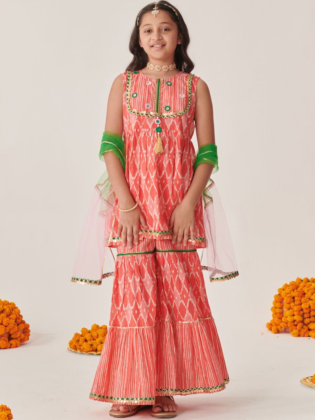 pspeaches Girls Ethnic Motifs Printed Gotta Patti Kurta Sets With Dupatta