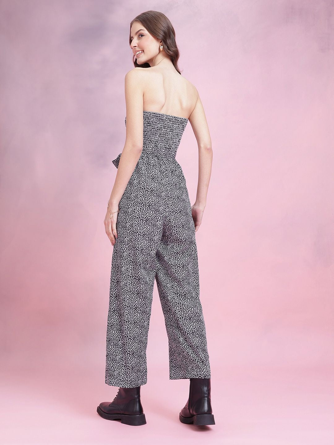 DressBerry Floral Printed Smocked Mock Buttons Strapless Jumpsuit with Belt