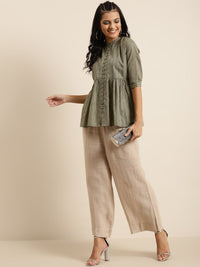Shae by SASSAFRAS Women Olive Green Pure Cotton Dobby Woven Design A-Line Top