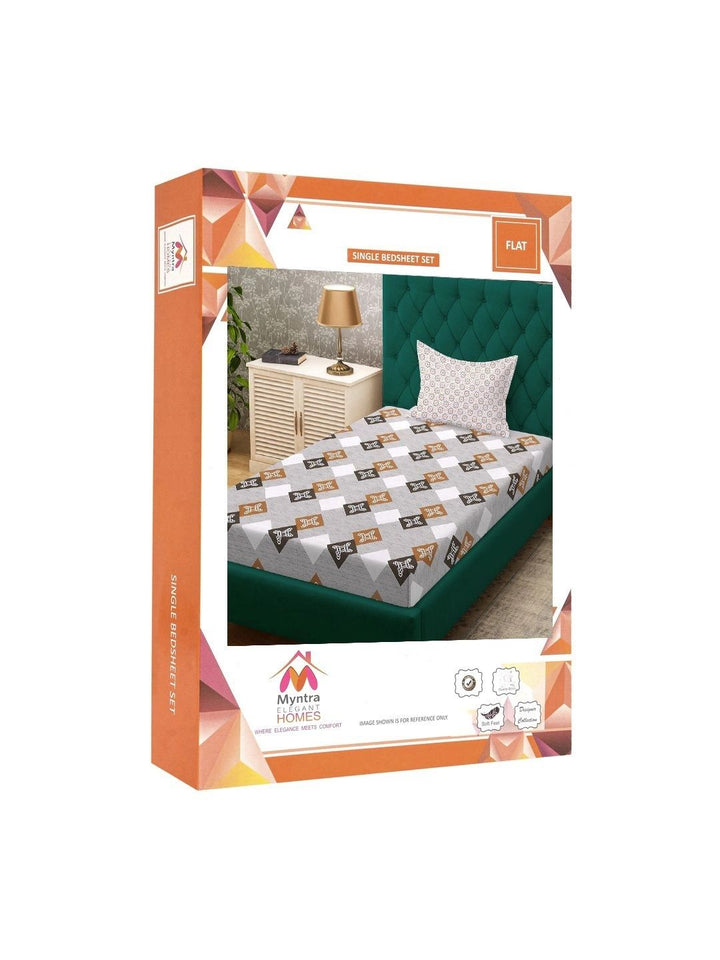 Myntra Elegant Homes Kapas Kelabu Geometrik 400 TC Cadar Tempat Tidur Single dengan 1 Sarung Bantal