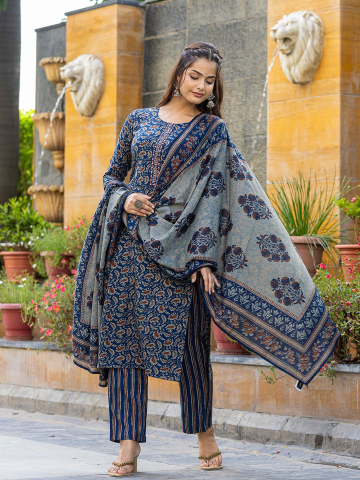 KALINI Floral Printed Thread Work Straight Kurta With Trousers & Dupatta
