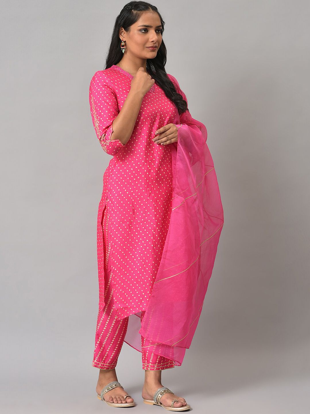 W Polka Print Karnatka Silk Kurta With Straight Pant & Dupatta