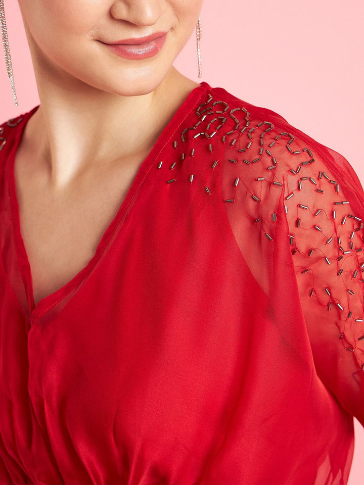 Antheaa Red Embellished Wrap Dress