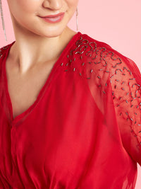 Antheaa Red Embellished Wrap Dress