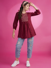 KALINI Embroidered Round Neck Mirror Work A-Line Kurti