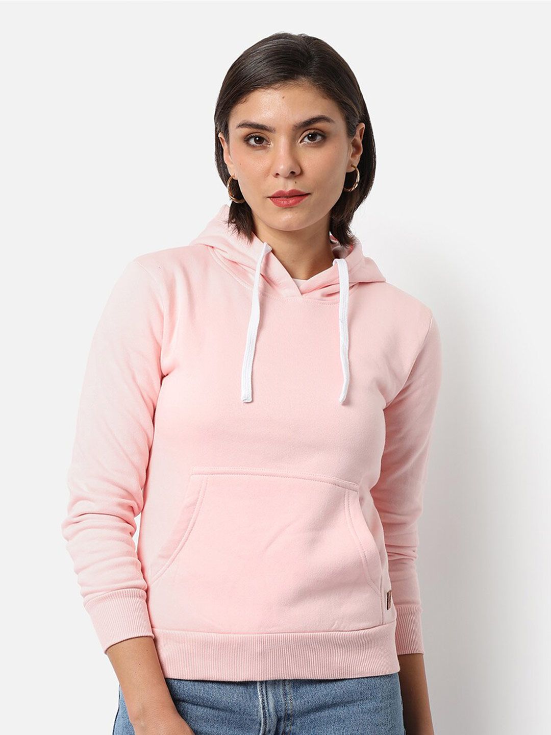 Kampus Sutra Wanita Pink Polid Hooded Pull Over Sweatshirt