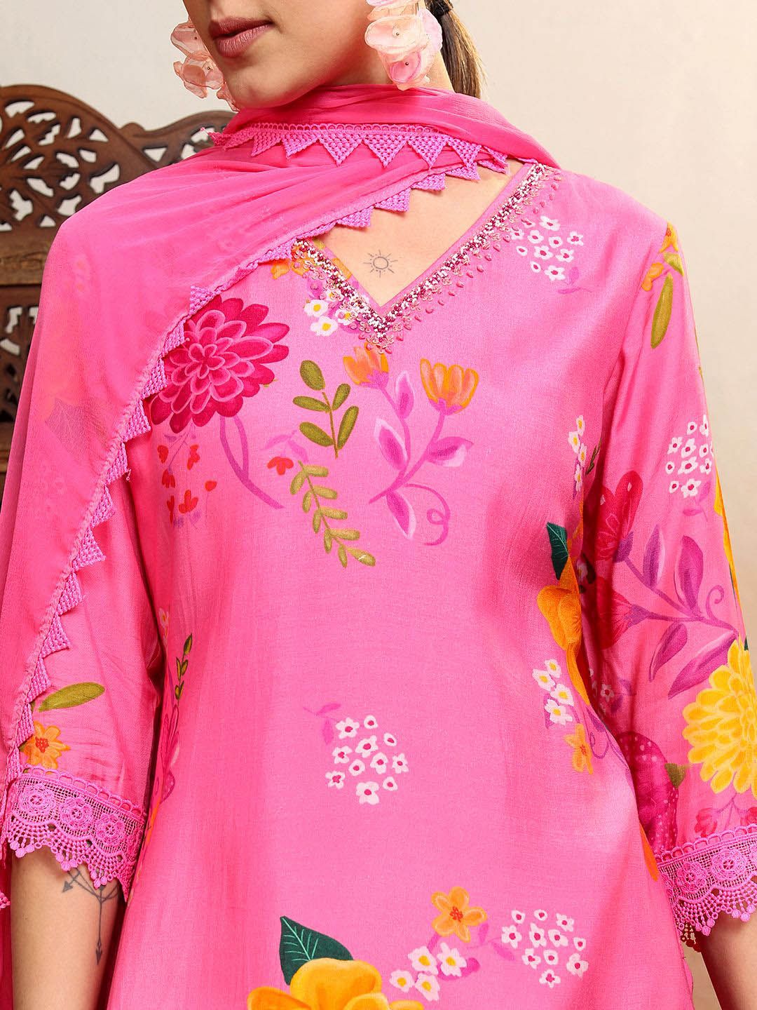 Vishudh Pink Floral Printed Gotta Patti Straight Kurta With Trousers & Dupatta