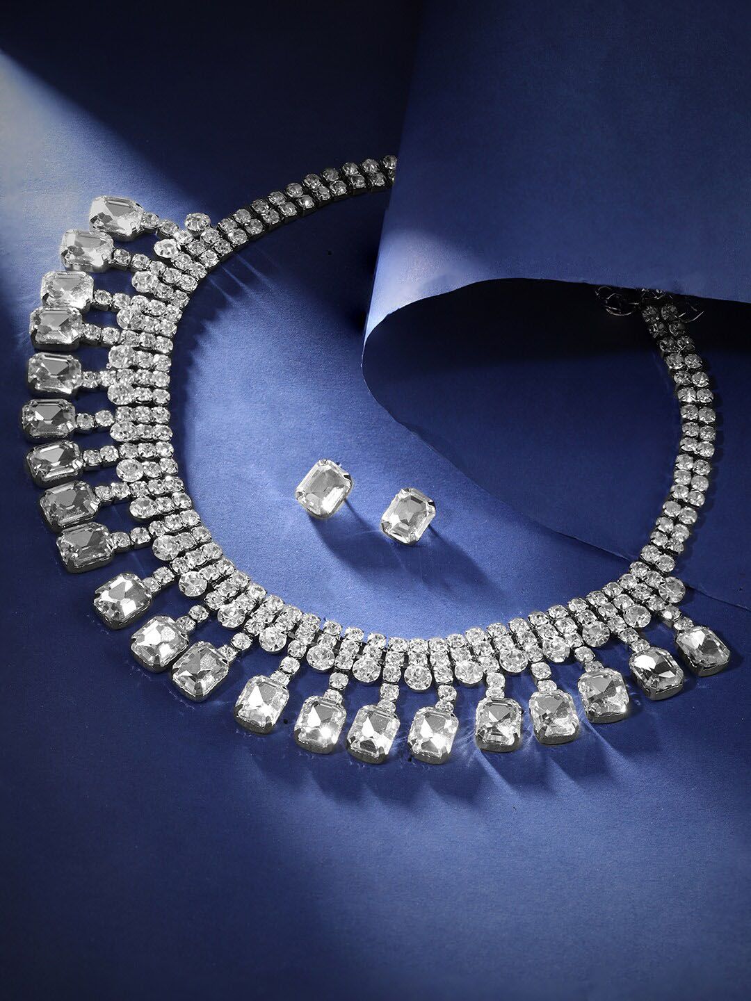 Rubans Women Rhodium Plated Crystal White AD & Cubic Zirconia Studded Jewellery Set