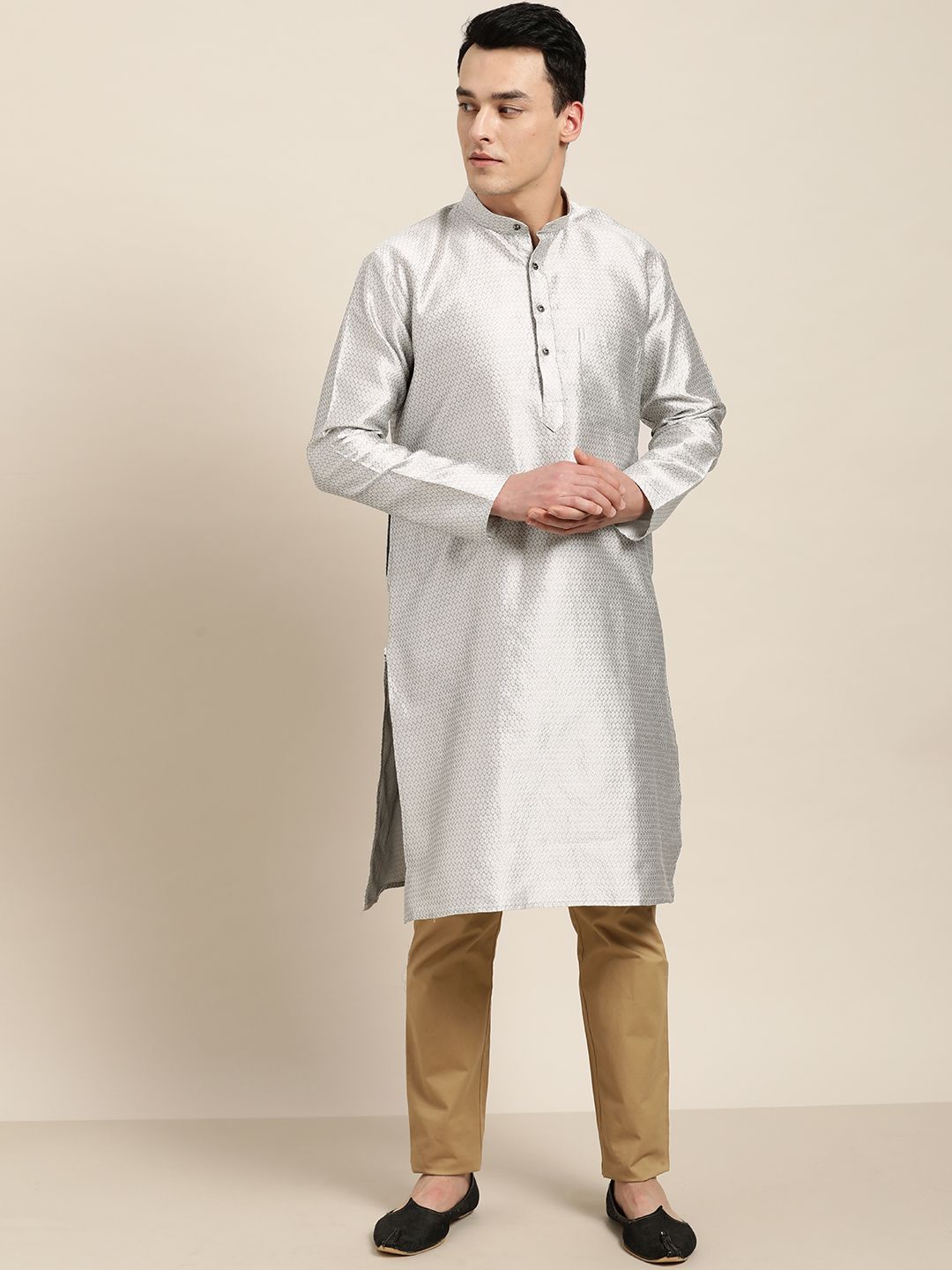 SOJANYA Kurta Lurus Rekaan Tenunan Perak Lelaki