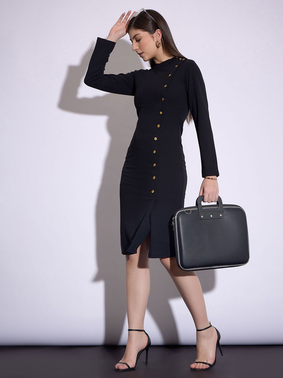 SASSAFRAS worklyf Round Neck Long Sleeves Button Detail Sheath Dress