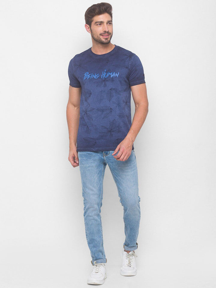 Being Human Men Navy Blue Typography Printed Pure Cotton T-shirt
