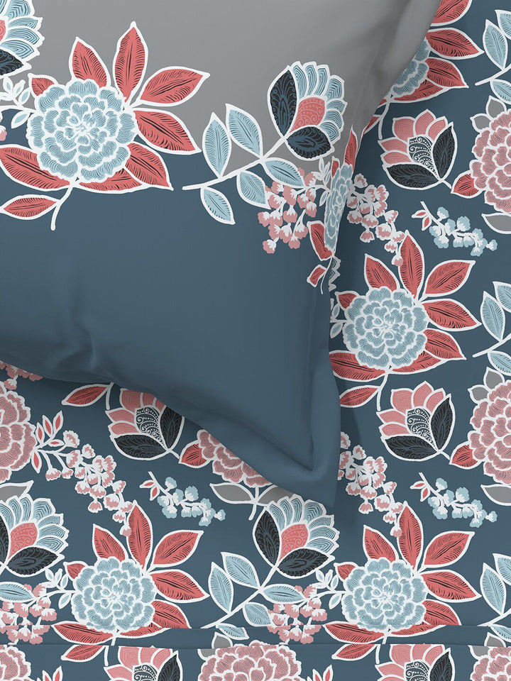 MYTRIDENT Blue  Green Floral Pure Cotton 144 TC Queen Bedsheet With 2 Pillow Covers