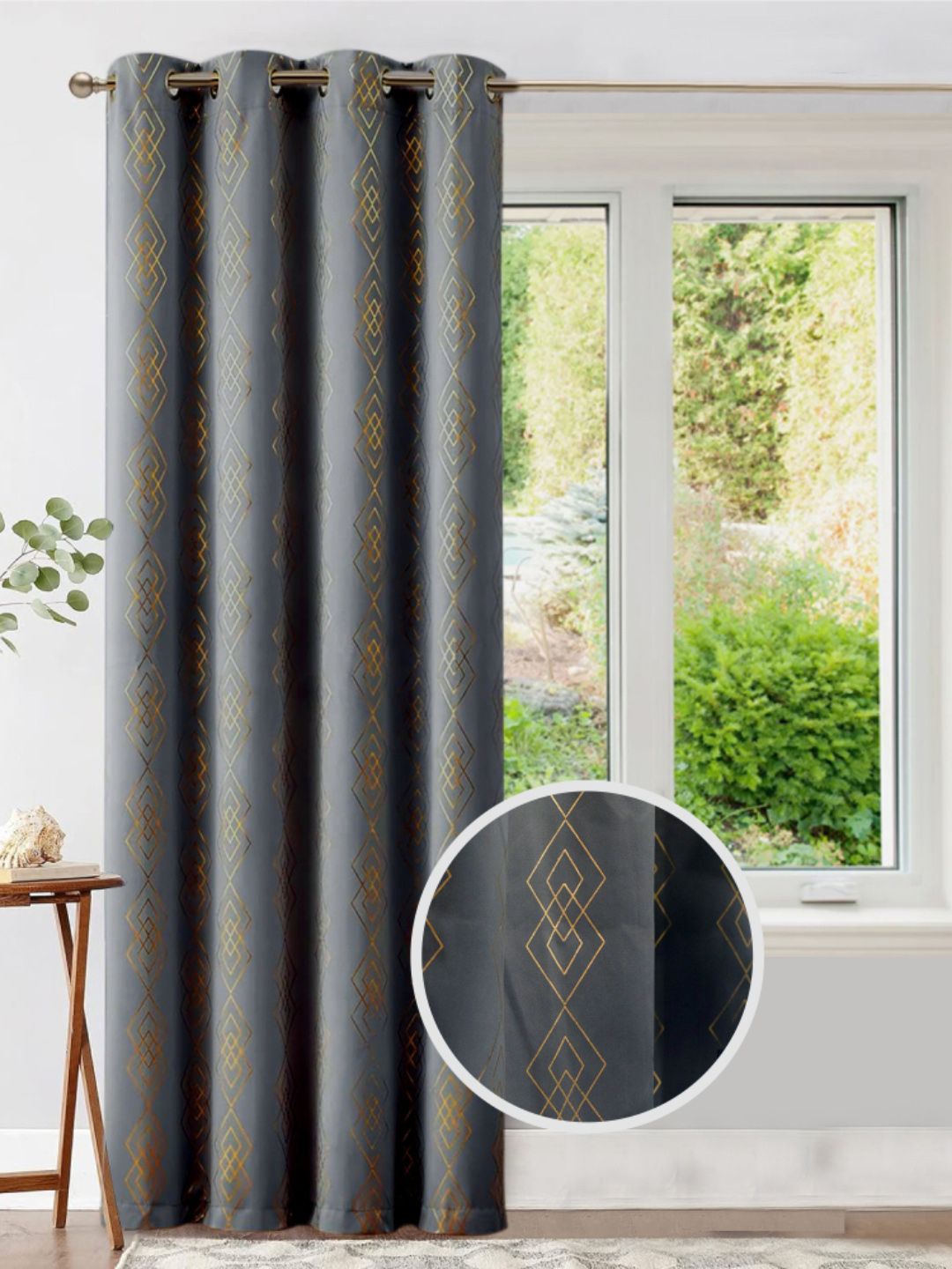 URBAN SPACE Grey & Gold-Toned Geometric Printed Black Out Long Door Curtain