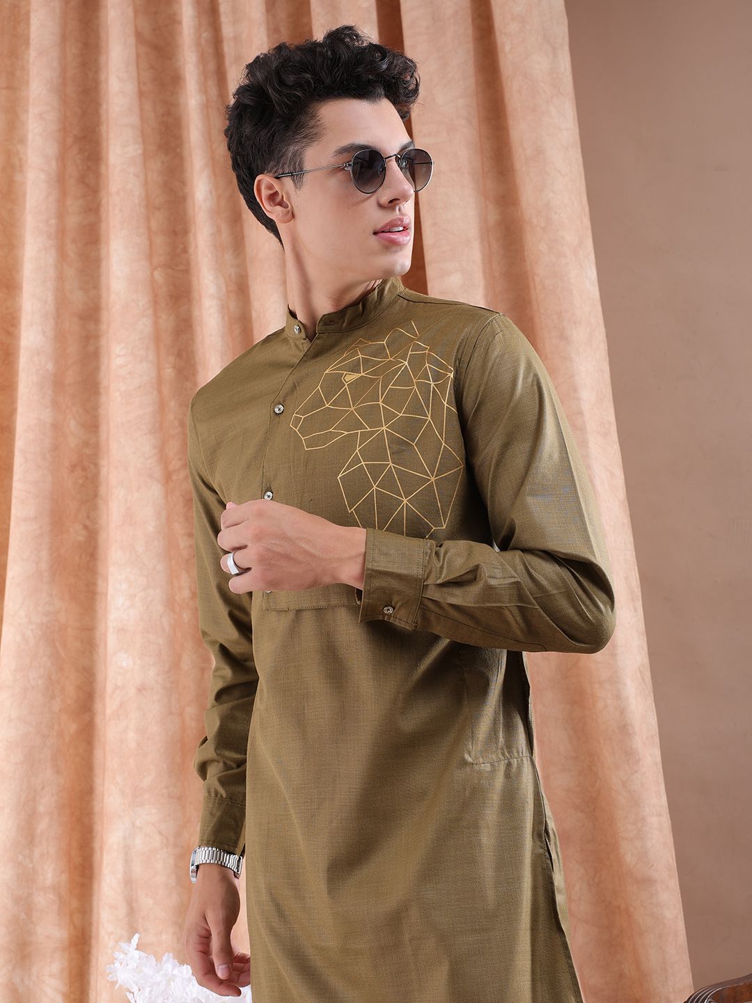 The Indian Garage Co Men Brown Solid Angrakha Kurta with Printed Detailing