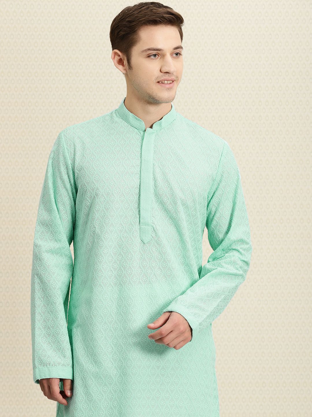 House of Pataudi Men Turquoise Blue Chikankari Embroidered Straight Kurta