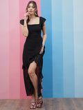 Athena Black Square Neck Flutter Sleeves Ruffled Detailed Maxi Dress