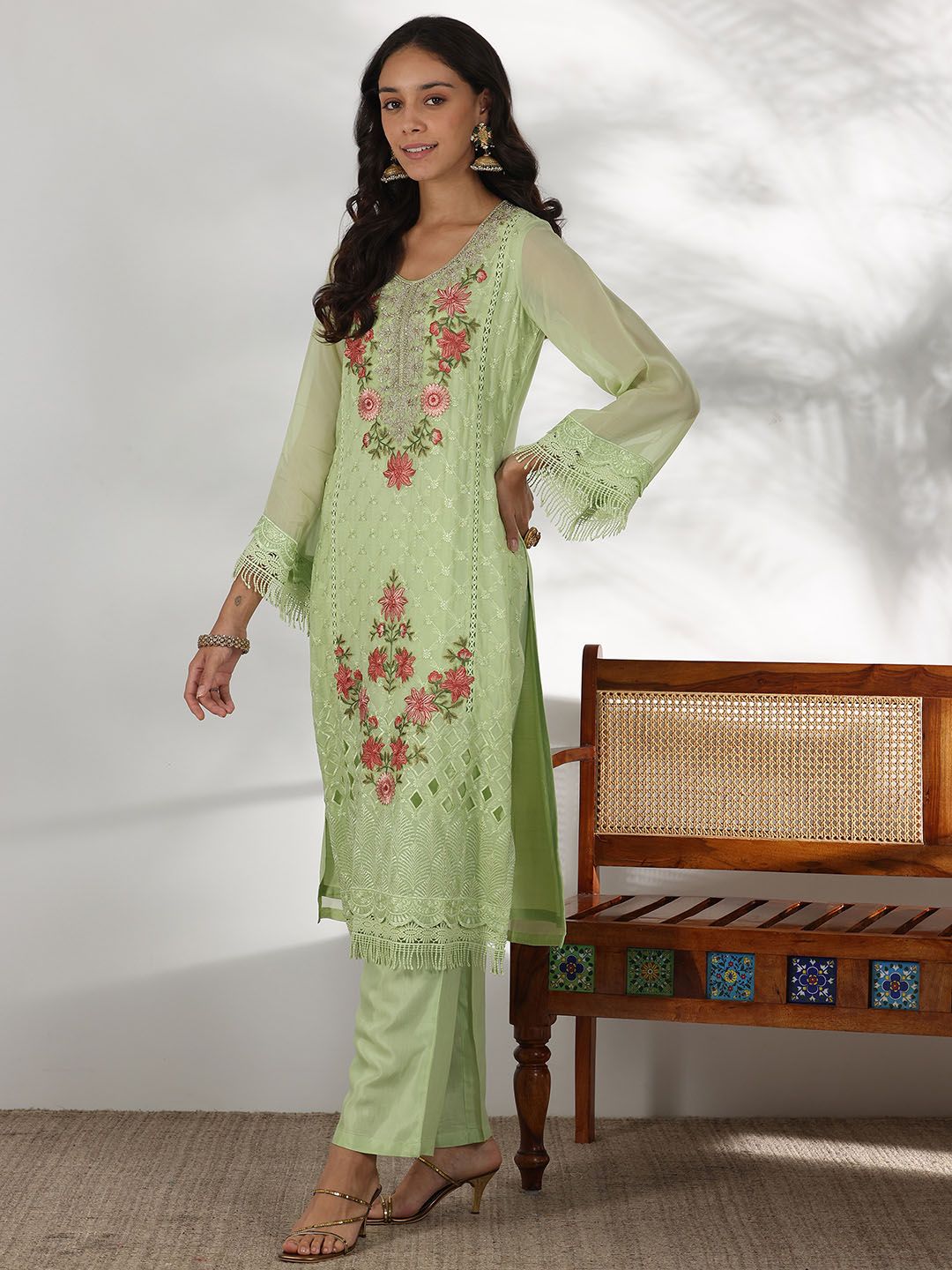 Libas Floral Embroidered Thread Work Straight Kurta with Trousers & Dupatta