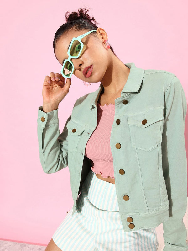 DressBerry Women Solid Spread Collar Crop Denim Jacket