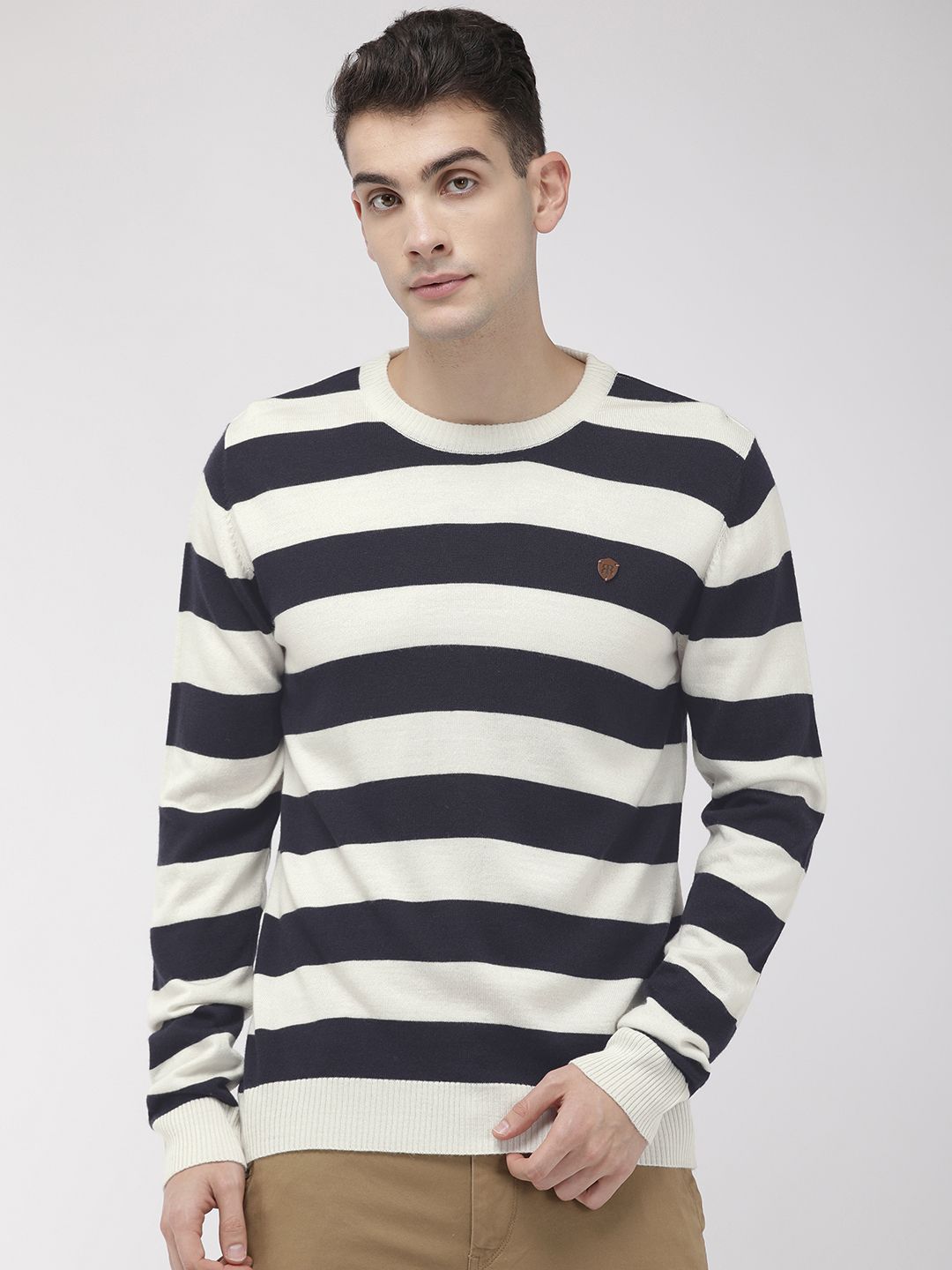 Raymond Men Navy Blue & White Striped Pullover Sweater