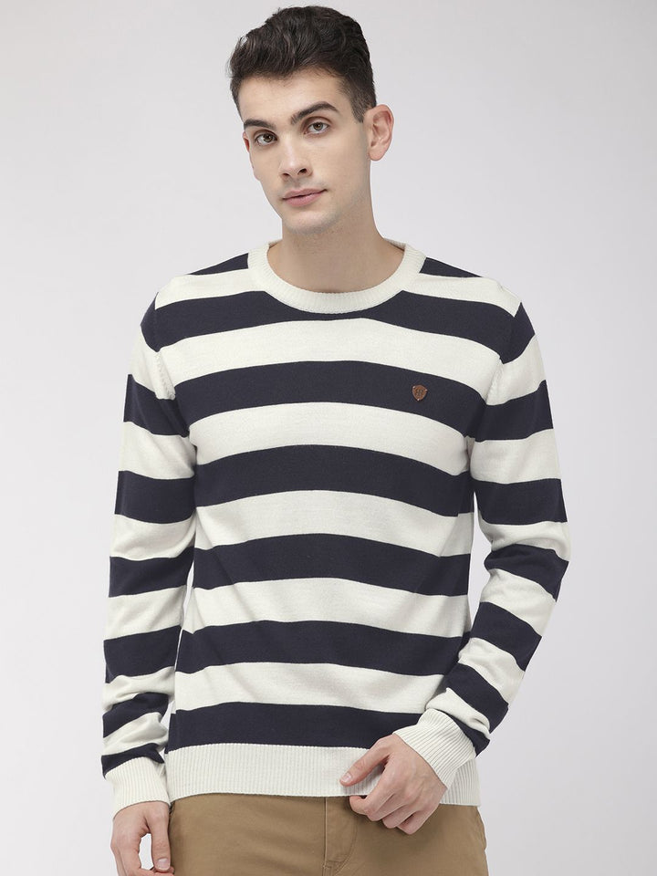Raymond Men Navy Blue & White Striped Pullover Sweater