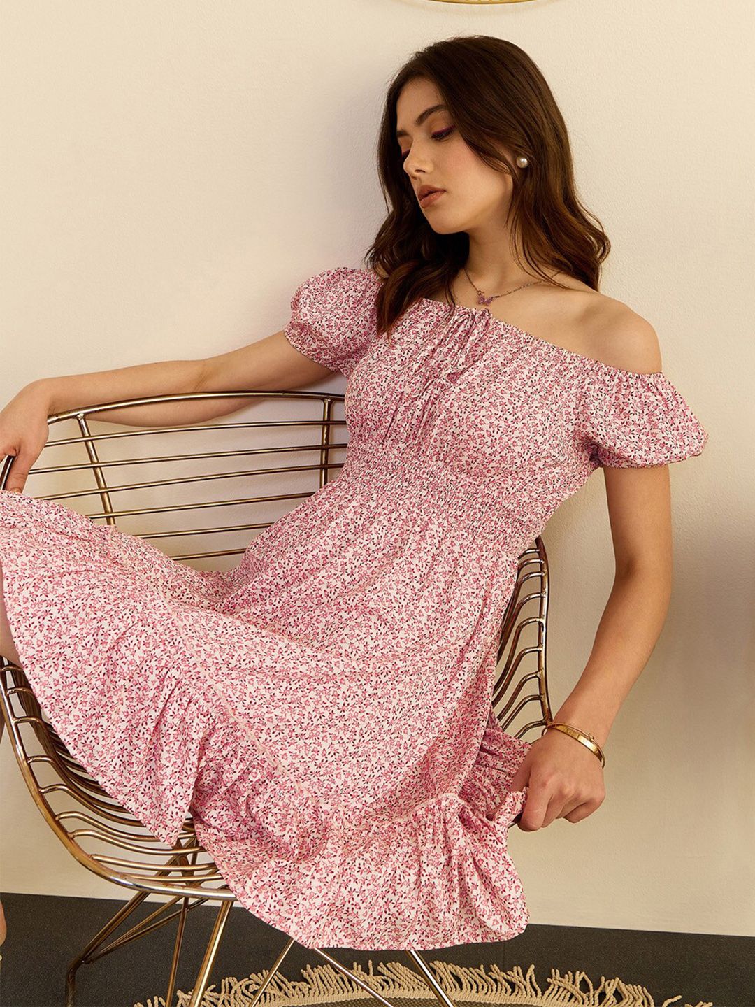 Berrylush Pink Floral Print Off-Shoulder Smocked Fit & Flare Dress