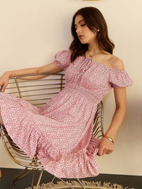 Berrylush Pink Floral Print Off-Shoulder Smocked Fit & Flare Dress