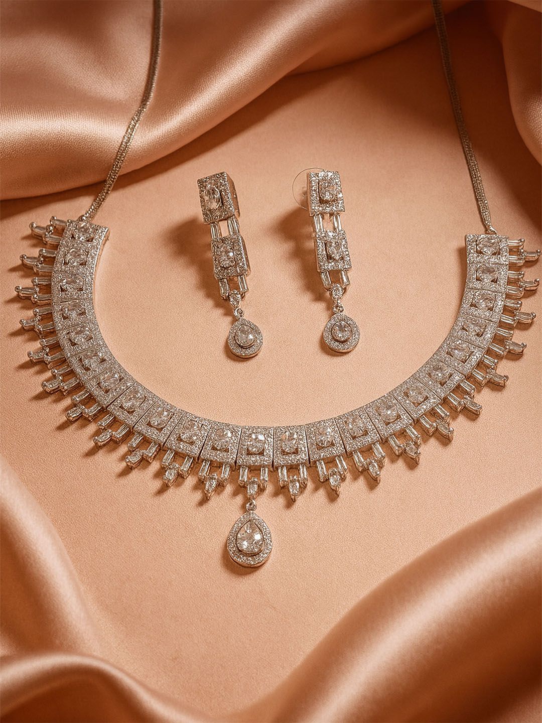 KARATCART Silver-Plated American Diamond Studed Choker Necklace Set