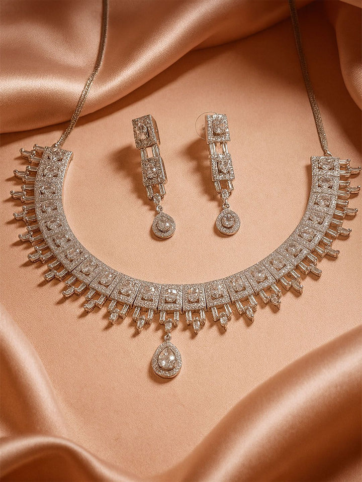 KARATCART Silver-Plated American Diamond Studed Choker Necklace Set