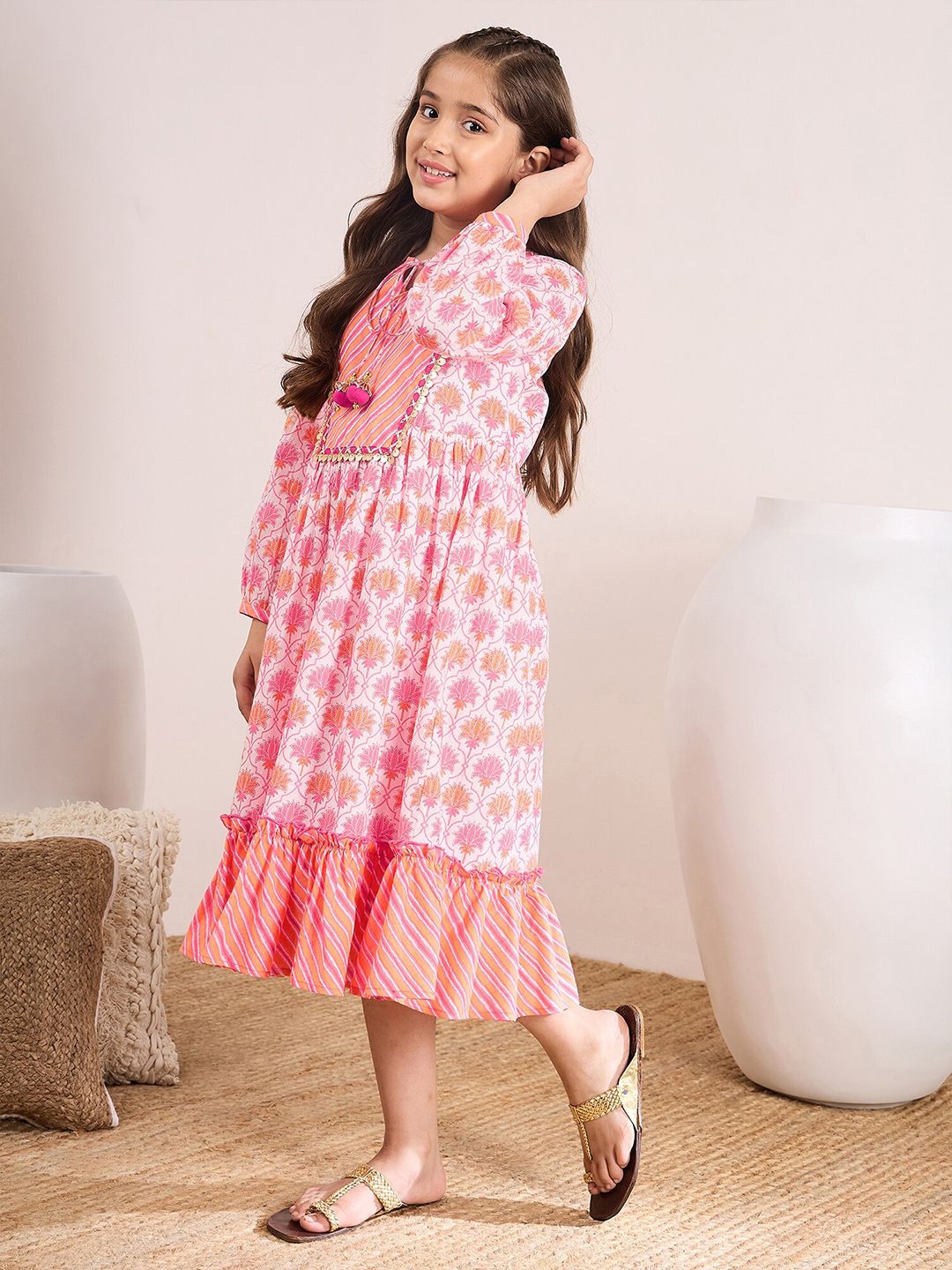 pspeaches Floral Printed Tie-Up Neck Cotton Fit & Flare Midi Dress