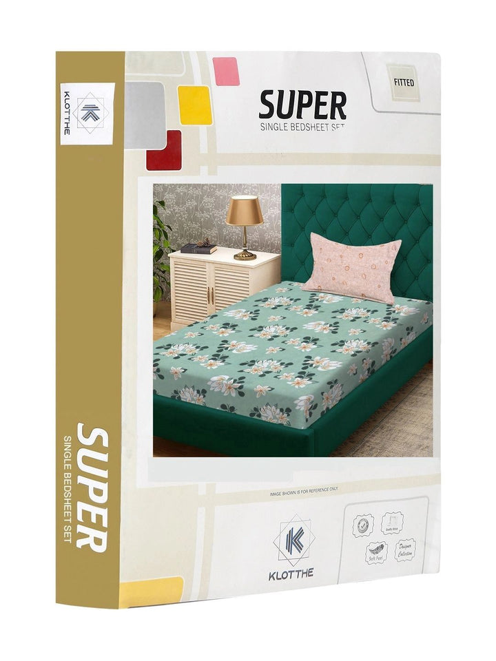 Moda Rapido X KLOTTHE Green & White Floral 300 TC Single Bedsheet with 1 Pillow Covers