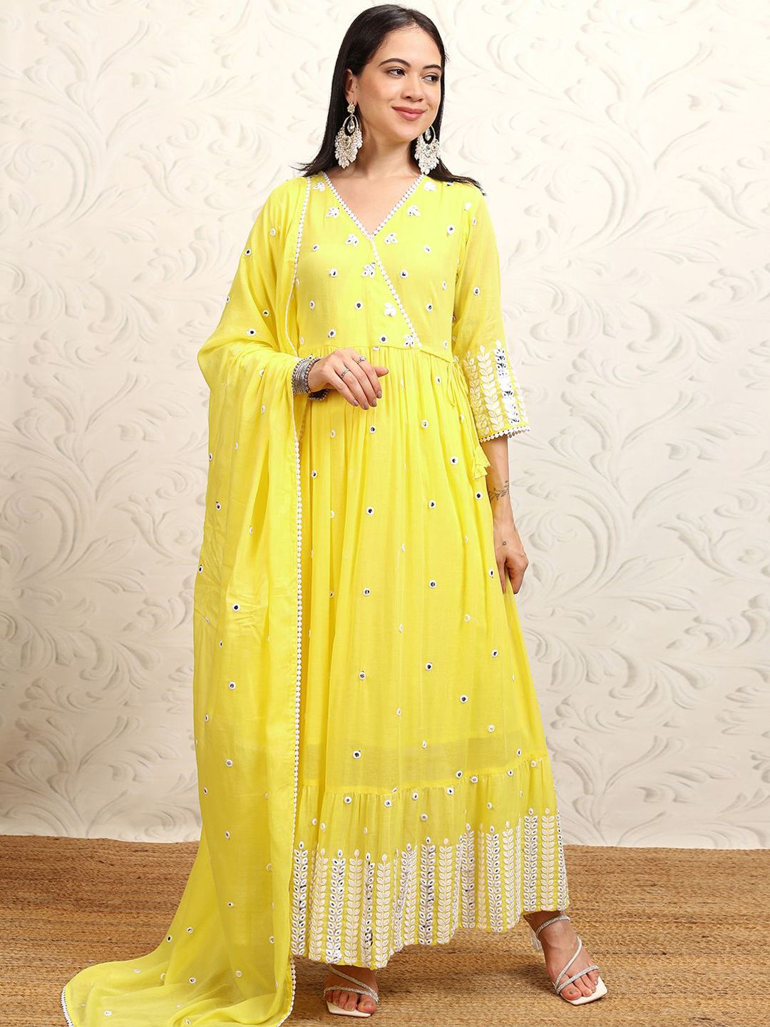 Vishudh Yellow Embroidered Mirror Work Pure Cotton Angrakha Kurta With Trousers & Dupatta