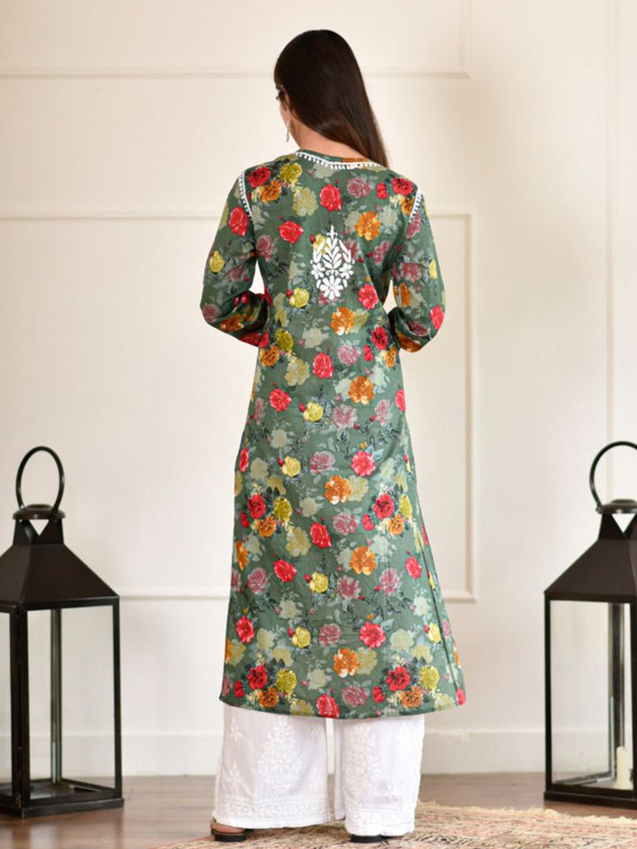 Rumah Wanita Chikankari Kurta Bersulam Mulmul Chikankari Hijau Tua