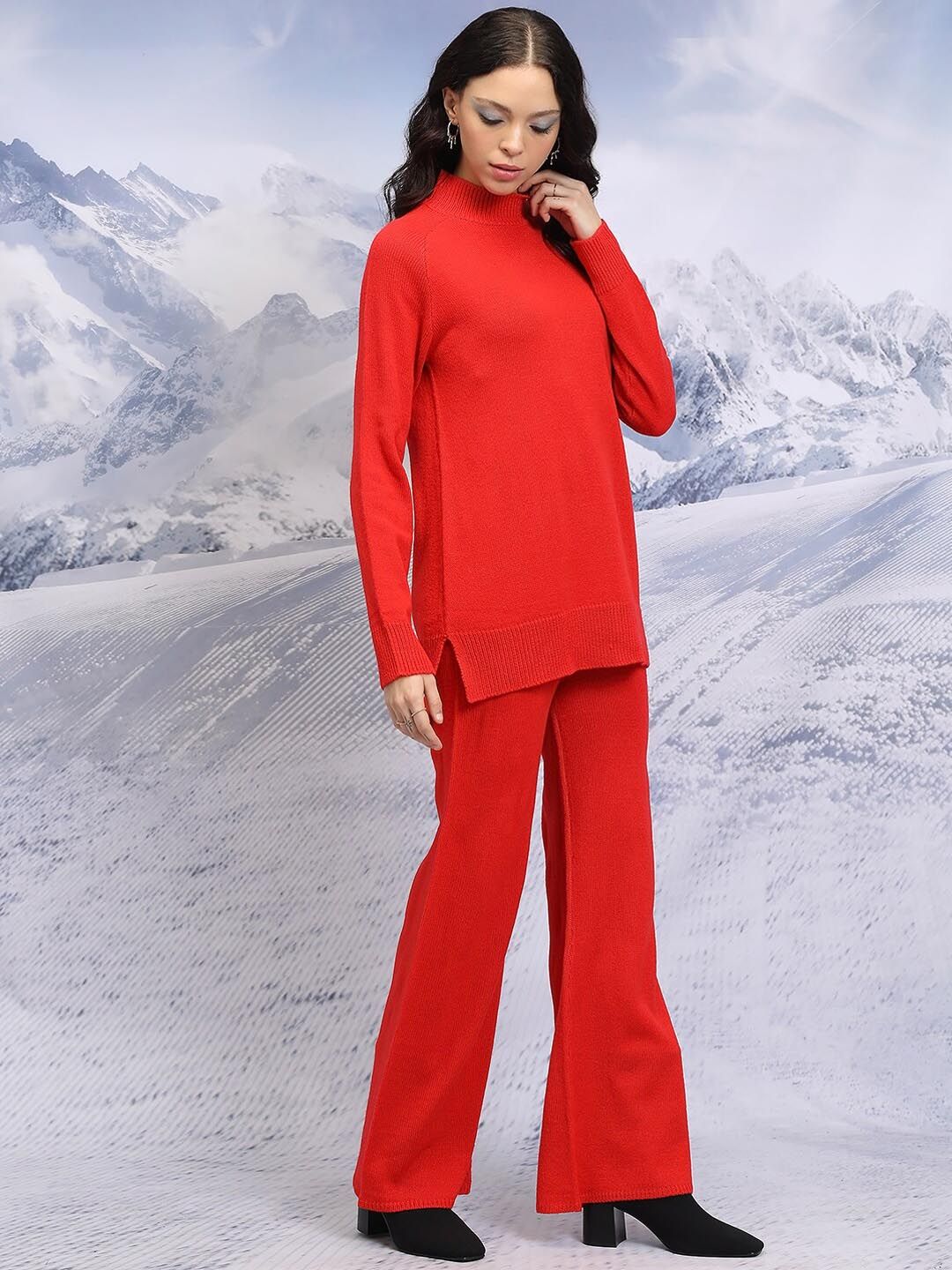Tokyo Talkies Red Relaxed Fit Acrylic Sweater & Wide Leg Trousers