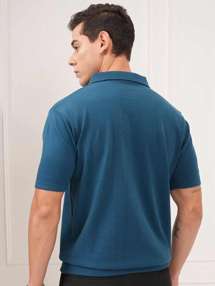 HIGHLANDER Men Textured Relaxed Fit Knitted Polo Collar T-shirt