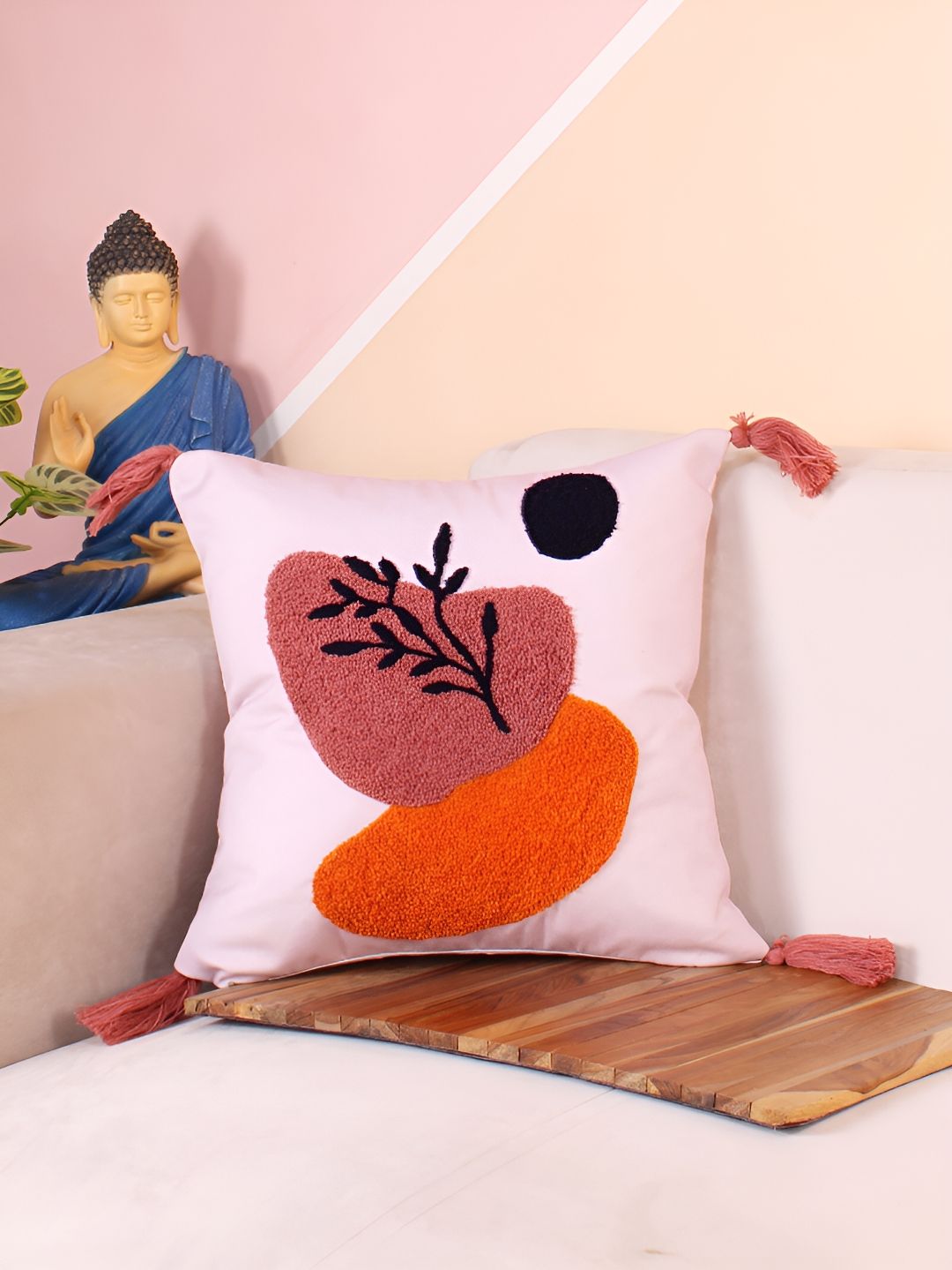 STITCHNEST Orange & Pink Embroidered Square Cushion Cover