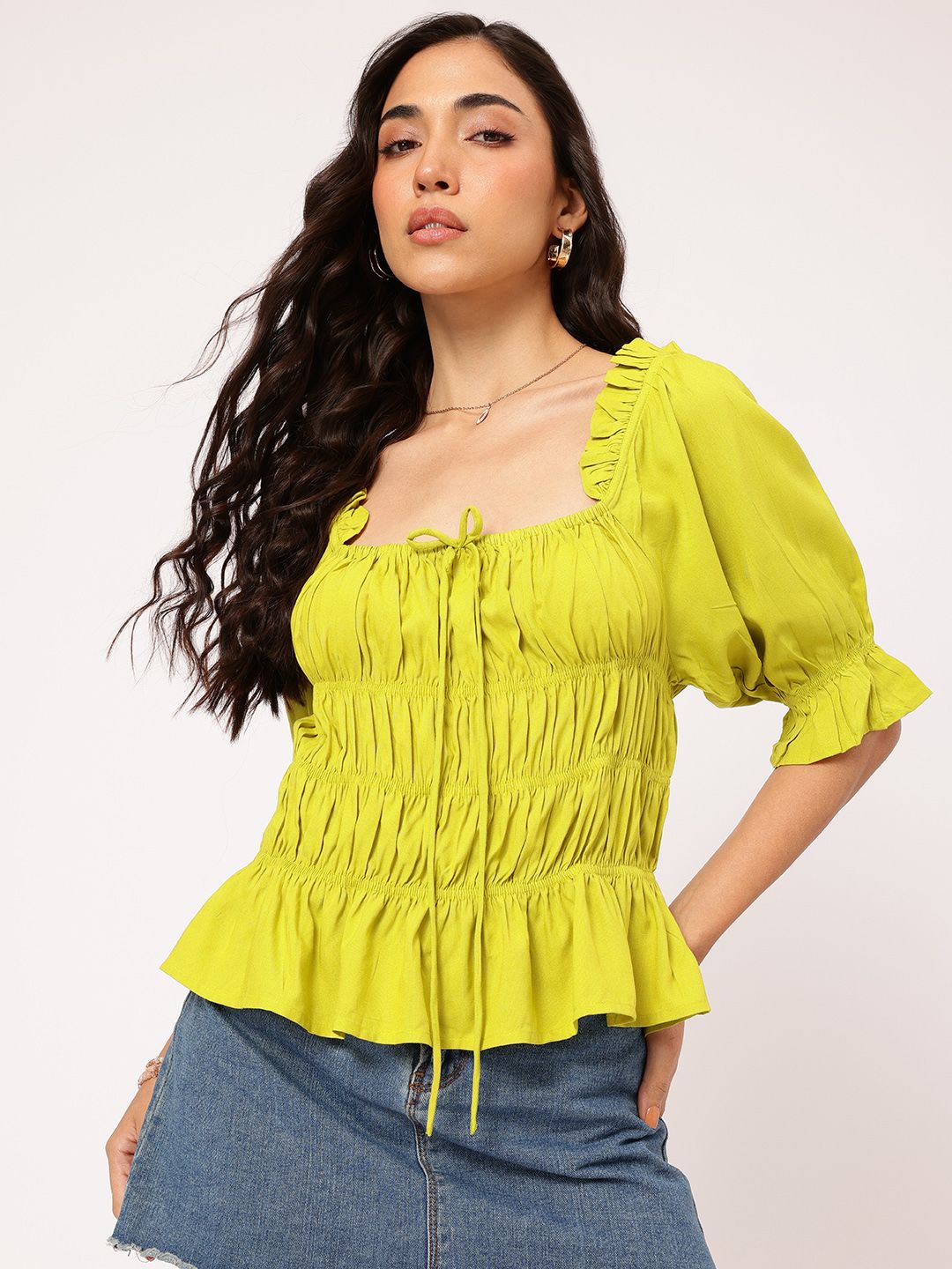 DressBerry Cuteness Overload Square Neck Puff Sleeves Ruched Top
