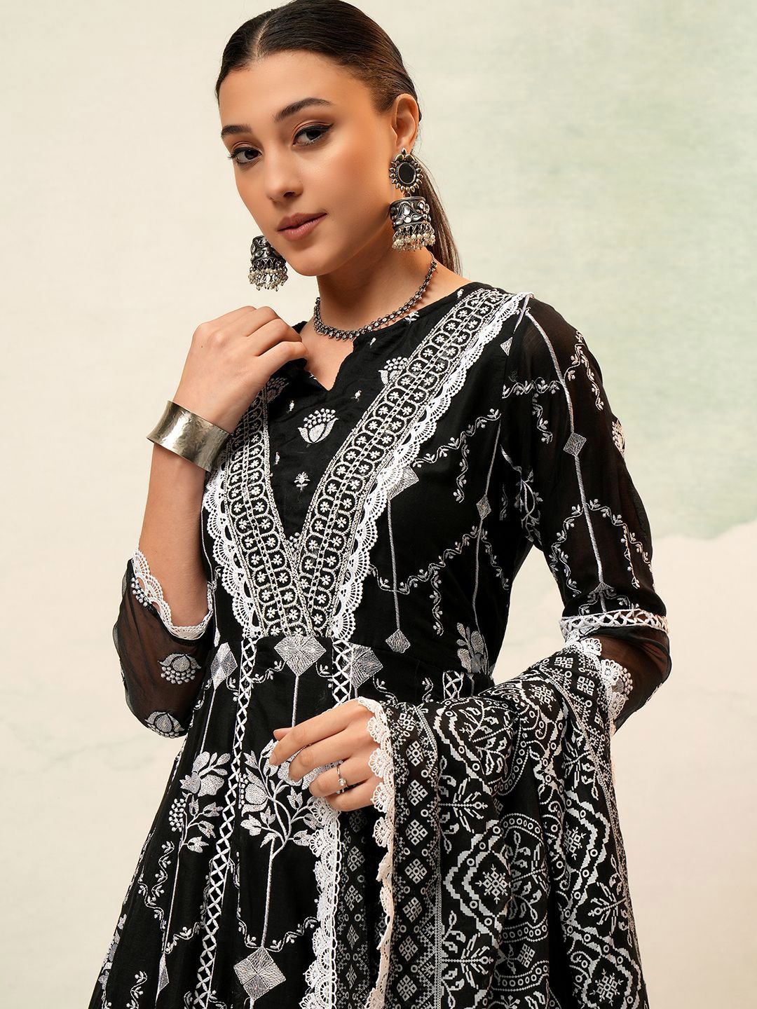 Vishudh Women Ethnic Motifs Embroidered Regular Pure Cotton Kurta with Trousers & Dupatta