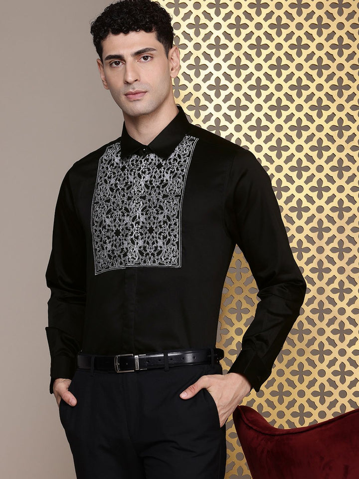House of Pataudi Pure Cotton Ethnic Motifs Embroidered Opaque Party Shirt