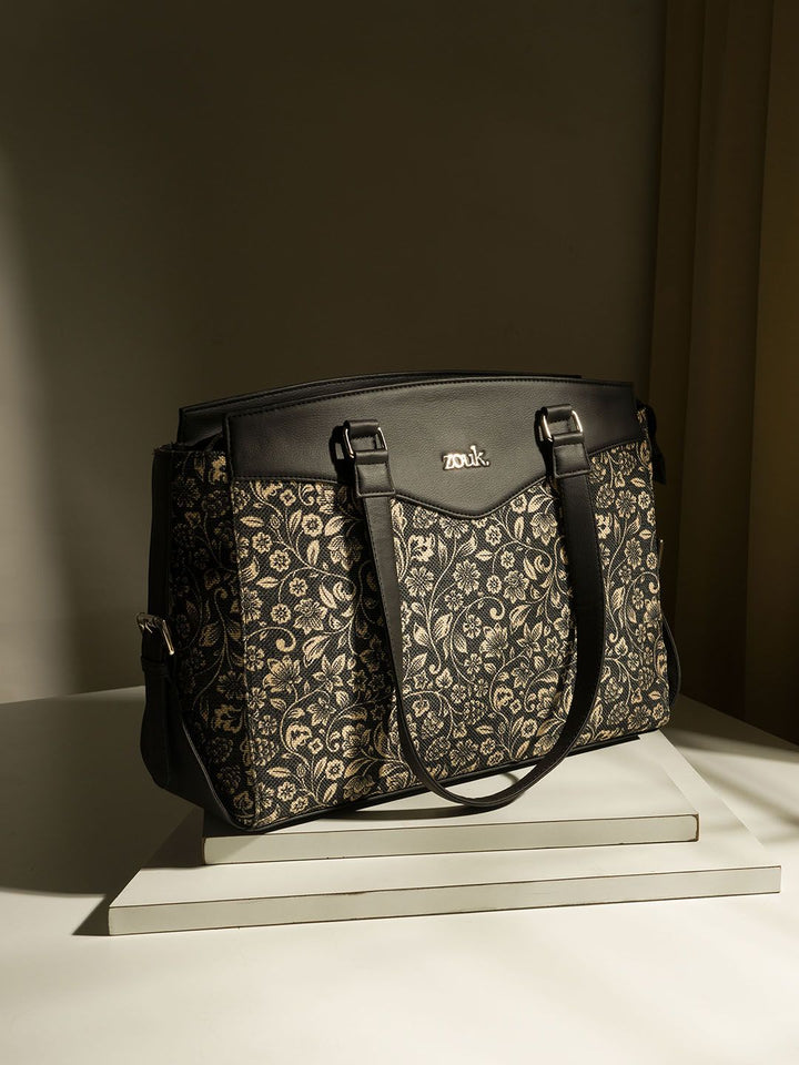 ZOUK Floral Printed Structured Jute Shoulder Bag