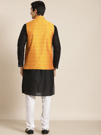 SOJANYA Lelaki Motif Etnik Hitam Chikankari Kurta Kapas Tulen dengan Jaket Churidar & Nehru