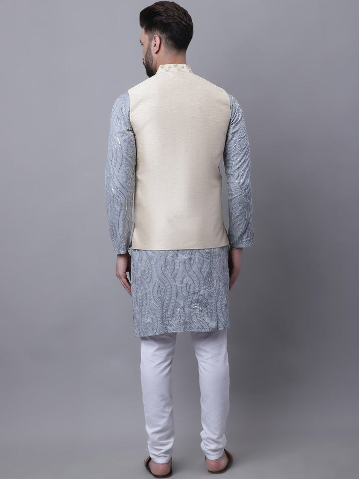 SOJANYA Men Embroidered Pure Cotton Sequinned Kurta With Pyjamas & Nehru Jacket