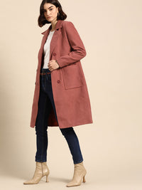 all about you Women Dusty Pink Solid Single Breasted Overcoat with Oversized Pockets