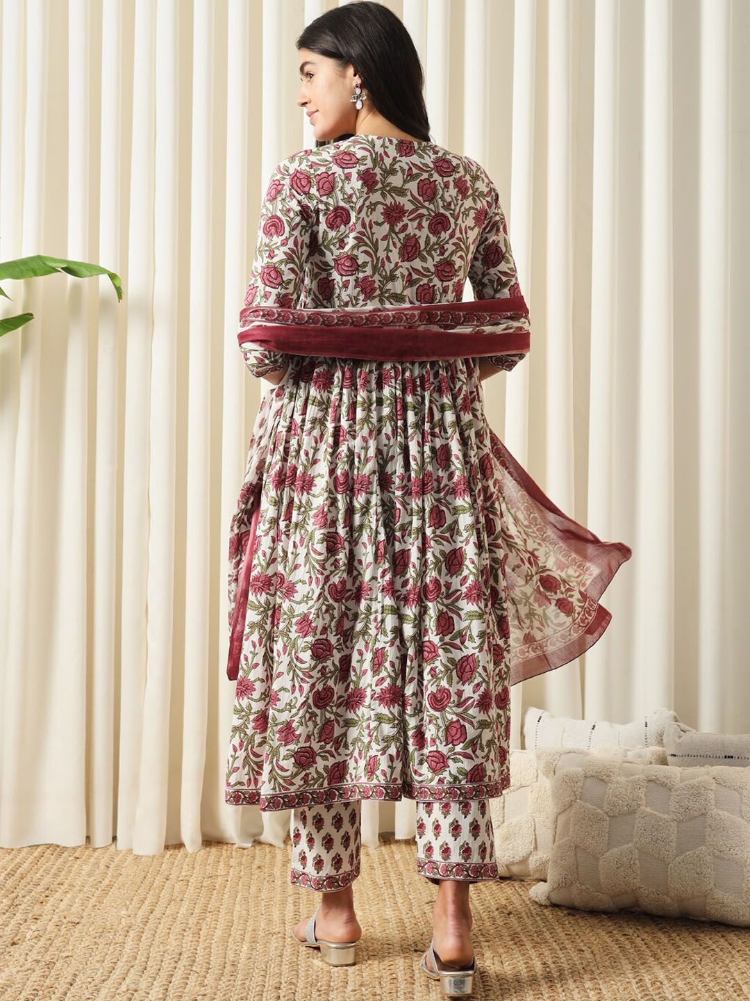 KALINI Floral Printed Pure Cotton Empire Kurta With Trouser & Dupatta