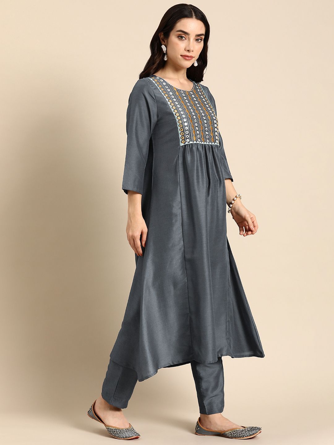 Anouk Ethnic Motifs Embroidered Regular Mirror Work Kurta with Trousers
