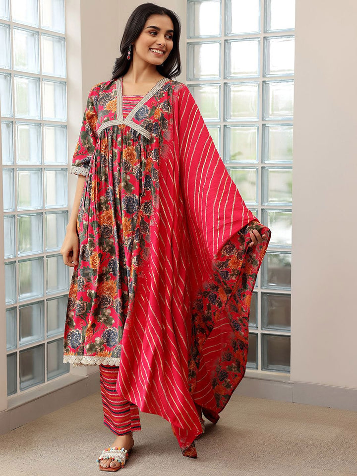 Libas Floral Printed Empire Sequinned A Line Kurta with Trousers & Dupatta