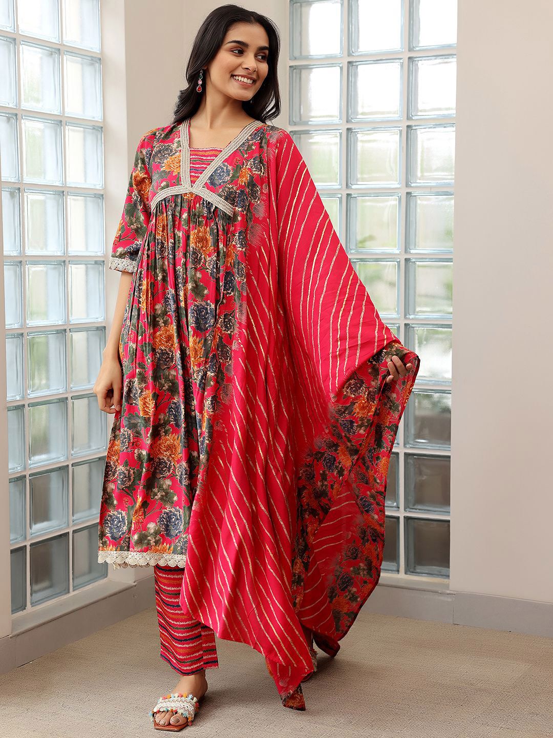 Libas Floral Printed Empire Sequinned A Line Kurta with Trousers & Dupatta