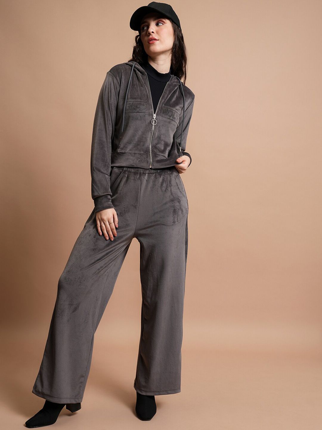 Tokyo Talkies Embellished Hooded Cropped Sweatshirt & Wide Leg Trousers
