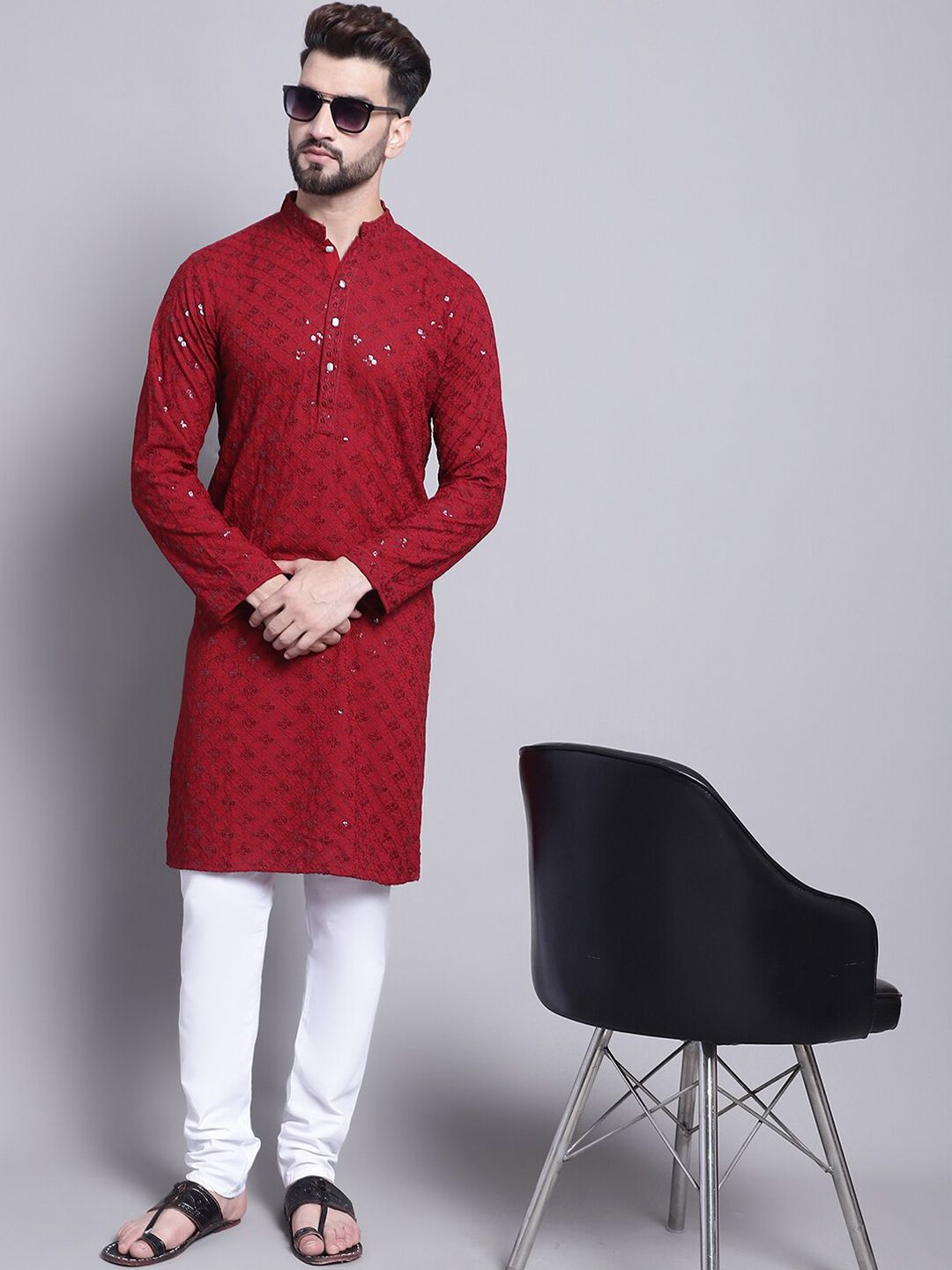SOJANYA Geometric Embroidered Sequence Mandarin Collar Pure Cotton Kurta